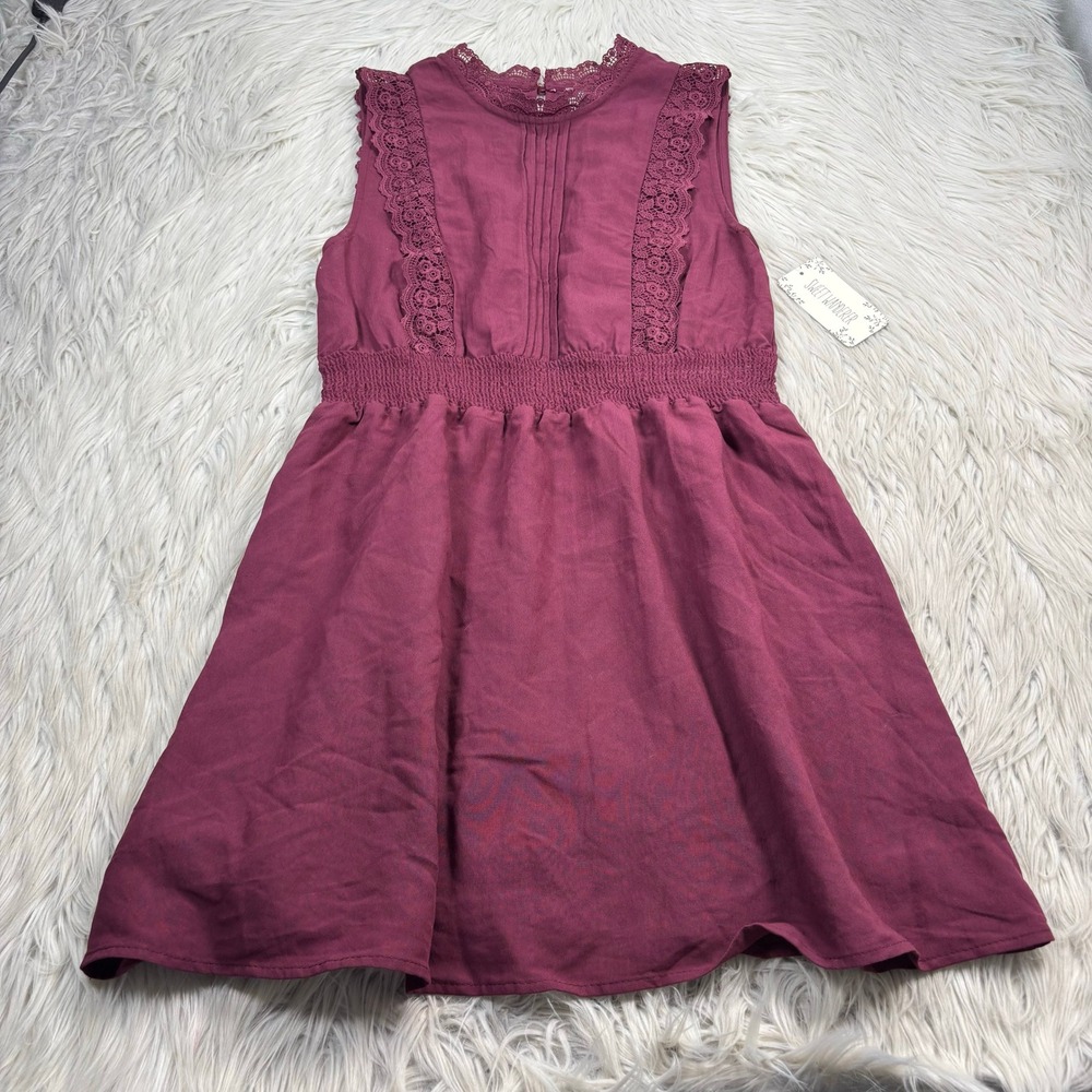 NWT Sweet Wanderer Women's L Burgundy Lace Trim Mock Neck Dress Romantic Boho